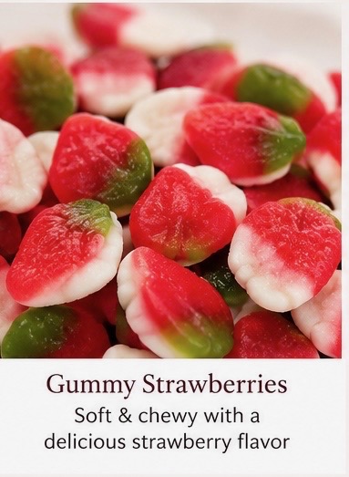 Sugar-dusted red and green strawberry-shaped Halal gummy candies