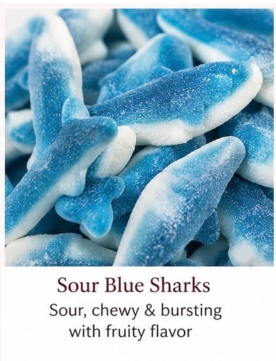 Sugar-coated blue and white sour shark-shaped Halal gummies